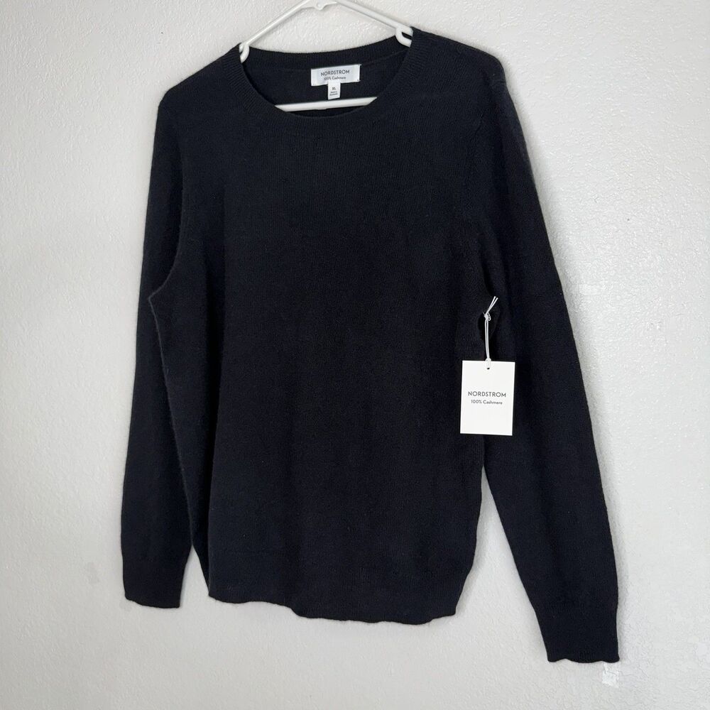 Nordstrom 100% Cashmere Crewneck Sweater Black Sz XL Minimalist Quiet Luxury NWT - Picture 2 of 11